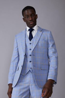 Harry Brown Clive Pale Blue Cream Check New Men's Three Piece Suit