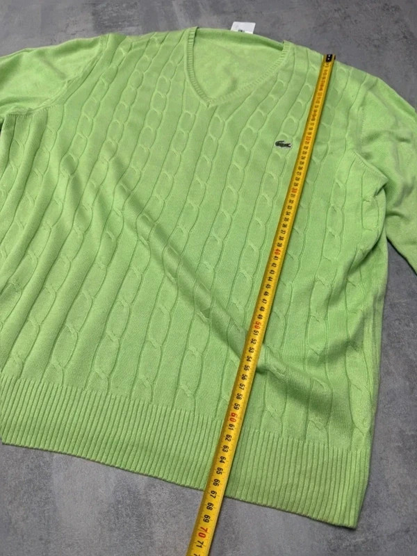 Lacoste Sweater Green L Cable Knit V Neck Crocodile Logo Casual Vintage image 8