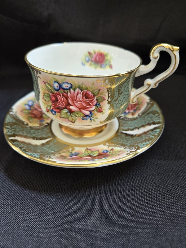 Vintage Paragon Cup Saucer Sage Green W Gold Filigree Roses England Bone China