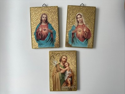 Lot Of 3 Italy Prayer Gold Foil Mosaic Plaques Mary/Sacred Heart/San Giuseppe