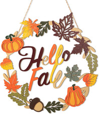 Fall Door Wreath for Front Door Sign Wall Signs, Hello Fall Pumpkin Maple Leaf D