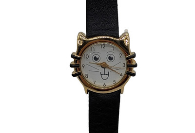 Cat Face Shaped Dial Watch   Black Strap - Gold Dial - Cats