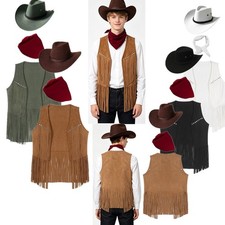 US Men Cowboy Accessory Set Wild Western Tasseled Waistcoat for Halloween Party