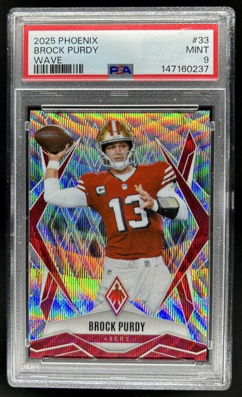 2025 Panini Phoenix Brock Purdy Wave Prizm #/199 49ers PSA 9
