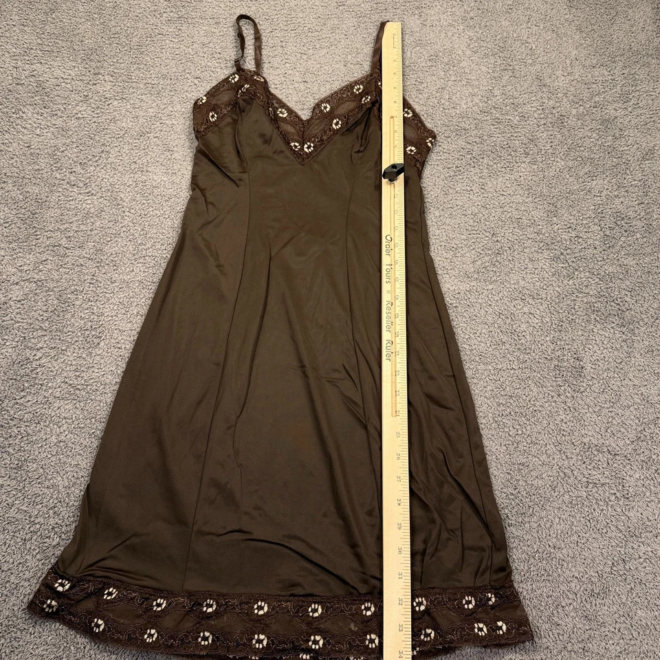 Vtg Slip Dress Women Size 32 Brown Lace Trim Embroidered Floral Spaghetti Straps - Image 4 of 4