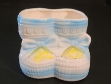 Vintage Pair Of Baby Shoes Booties White  Blue Ceramic Planter