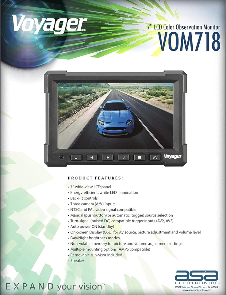 Voyager VOM718 7" LCD Color Backup Rear View Vehicle Observation Monitor w/3… - Image 3 of 4