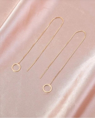 Women's Long Silver Gold Metal Round Circle Decor Threader Dangle Drop Earrings - Picture 3 of 11