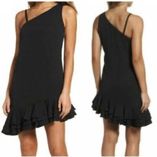 Ali & Jay Bar Nineteen Mini Dress One Shoulder Ruffle Hem Black Womens Medium 
