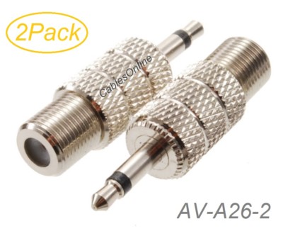 2Pack 3.5mm (1/8'') TS Male to F-type Female Coaxial Metal Adapter, AV-A26-2