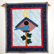 Quilted Wall Hanging Decor Bird House Spring Summer Handmade 12x14 Dowel Loop