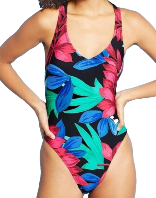 Sea Angel sz L Malia Plunge One-Piece Swimsuit Black Multi Floral $34 New  193319037826| - Main Image