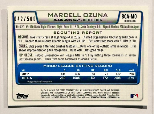 2012 Bowman Chrome Prospects Auto Refractor 42/500 Marcell Ozuna #BCA-MO - Picture 2 of 2