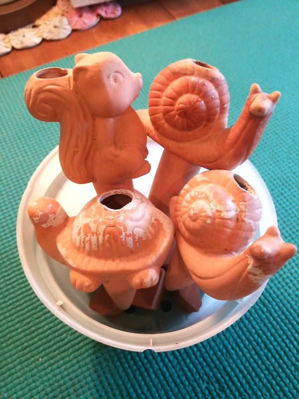 4 Terra Cotta Plant Waterers LG Squirrel turtle & LG Snail & sm repaired snail