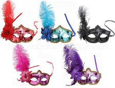 Shiny Metallic Venetian Masquerade Mask w/Ostrich Feather Prom Party Halloween