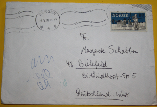 Briefumschlag aus Norwegen befördet nach Bielefel Stempel BERGEN 19.5.1966 (4772 - Bild 1 von 3