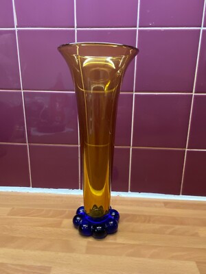 Schöne seltene Vintage Orrefors Bernstein und Kobaltblau geriffelte Vase Kunstglas