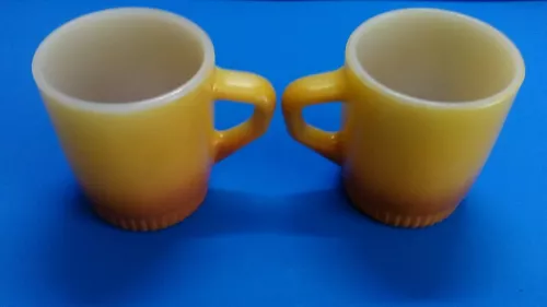 2 Vintage FIRE KING Heavy Restaurant Cup Mug D Handle Light Brown/Yellow 