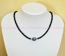 Faceted 3mm Bright Black Spinel Gems  9-10mm Black Pearl Necklace 18''