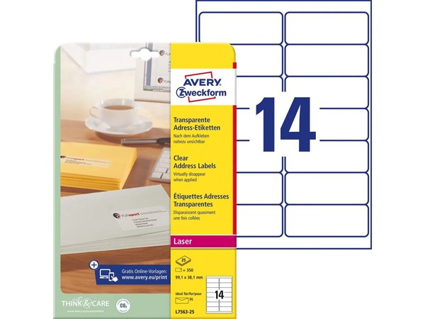 Avery Zweckform Transparente Adress-Etiketten, 99,1 X 38,1Mm 1 Bis 20 Stk-image