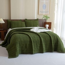 100 Cotton Queen Quilt Set 90"x98",Olive Green Waffle Weave Lightweight Beds...