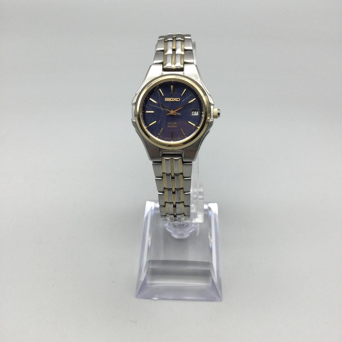 Seiko V174-0AC0 Womens Watch 28mm Blue Dial Two Tone Solar Date Stainless 7.25\