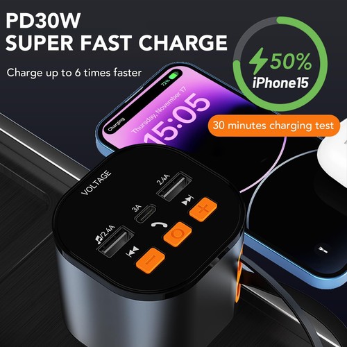 Retractable Car Charger, Bluetooth 5.3 FM Transmitter Adapter, Handsfree Call... - 第 4/7 張圖片