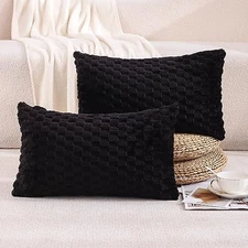 12x20 Lumbar Black Throw Pillow Covers Set of 2 Faux Fur Plush Decorative Soft 