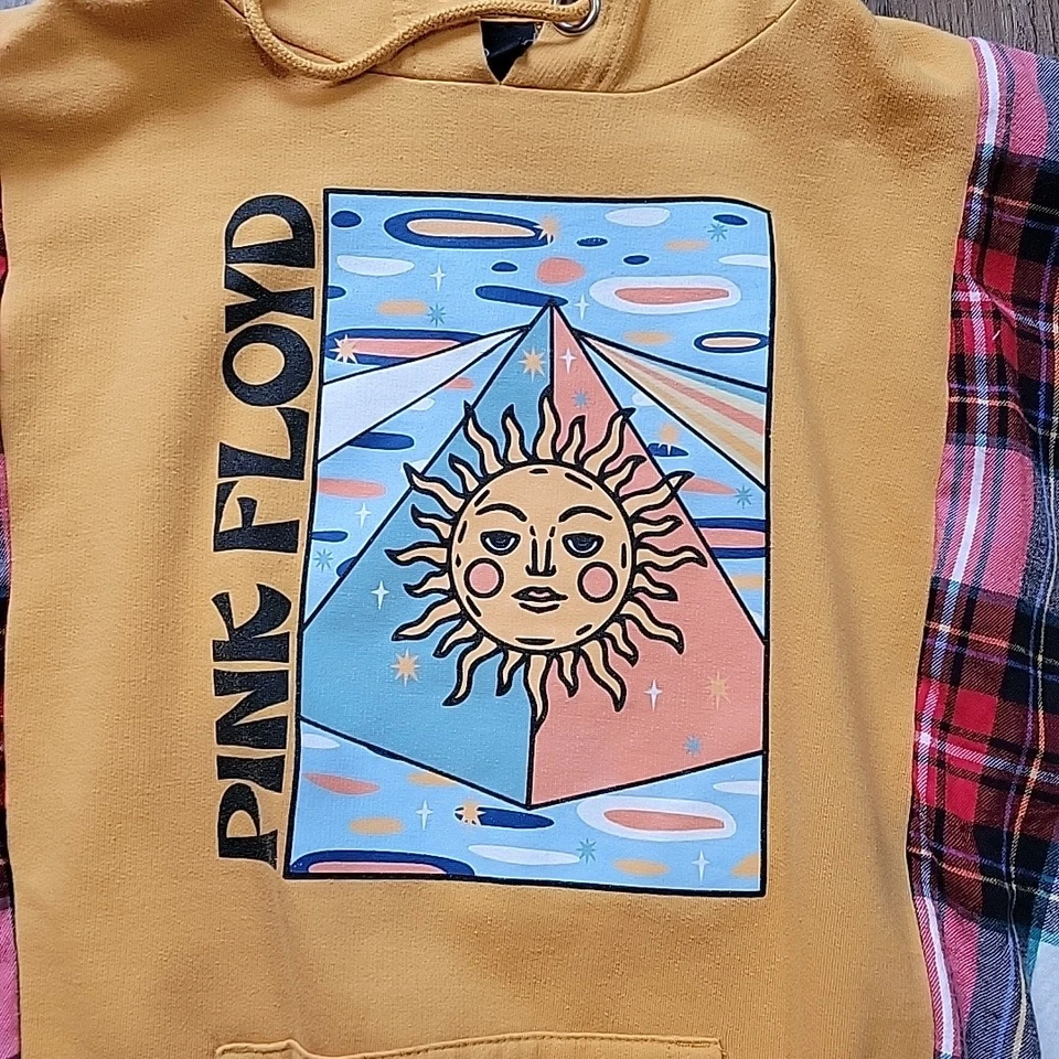 Upcycled Womens reworked Sweatshirt Flannel shirt Hoodie Pink Floyd Dark Side  - Image 2 of 4
