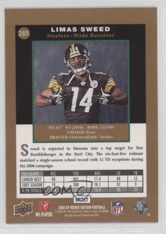 2008 SP Rookie Edition Premier Prospects Limas Sweed #285 RC - Image 2 of 2