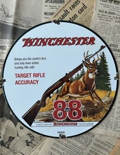 VINTAGE 1955 WINCHESTER MODEL 88 HUNTING RIFLE 12 INCH PORCELAIN ENAMEL SIGN