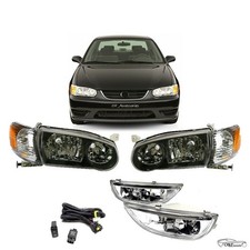 For 01 02 Toyota Corolla Headlights Black Housing Fog Lights Clear Lens Set