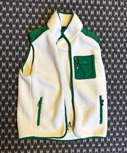 Brooks Brothers Ivory/Green Fleece Vest Full Zip Stand-Up Collar Pockets Men L video thumbnail