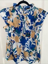 Floral Ruffle Sleeve Blouse in Blue and Tan