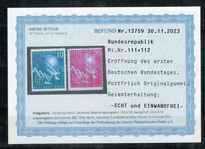 BRD , Minr. 111 - 112 , sauber postfrisch, MNH, ** , Befund Hettler VP, Mi. 100