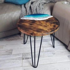 Blue Handmade Ocean Waves Epoxy Resin Live Edge Round Table with Stand for Home