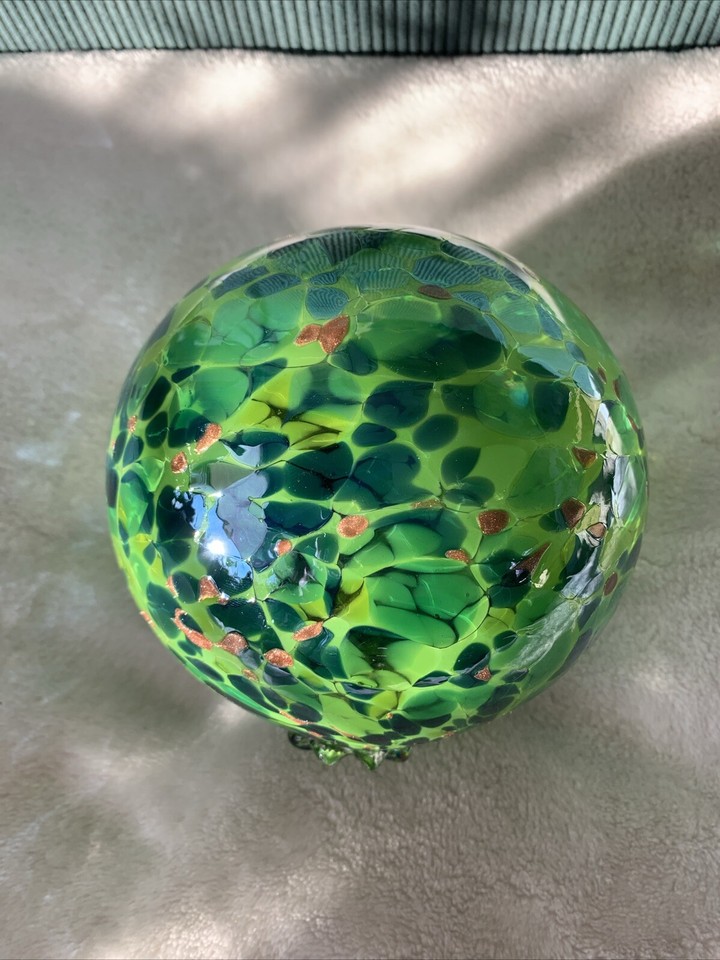 Art Glass Handblown Iridescent Green Gold Orb Decorative Ball Hollow
