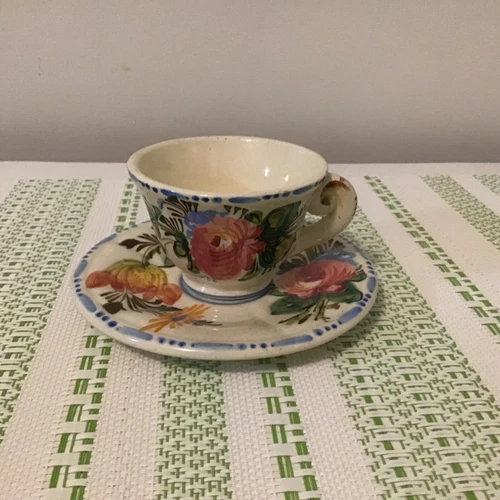 VTG Italian Pottery Teacup & Saucer Ceramic Hand Painted Floral Italy