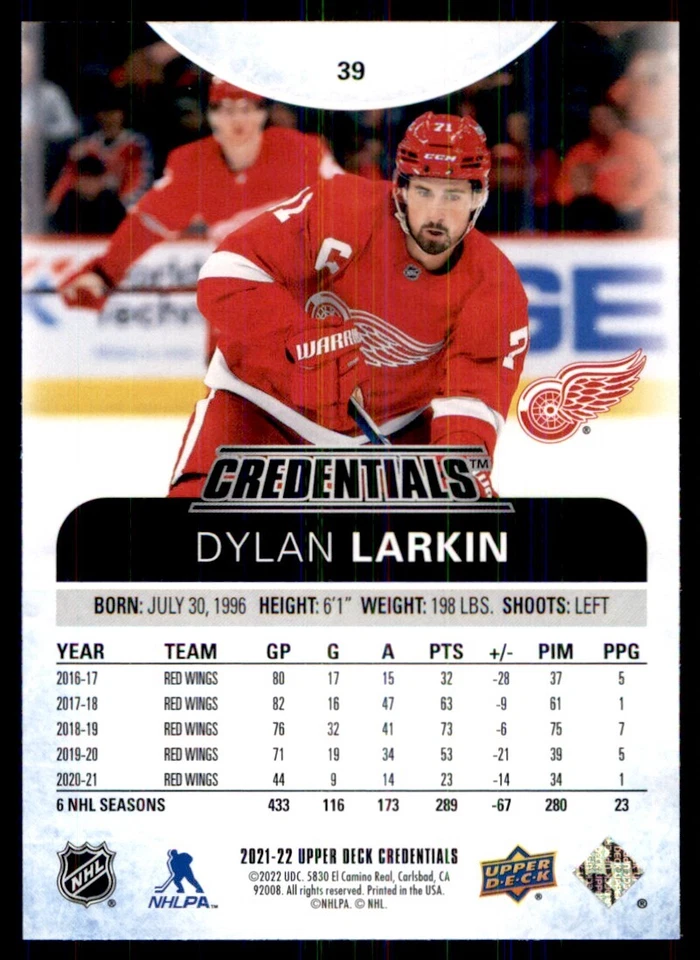 2021-22 Upper Deck Credentials Dylan Larkin #39 - Image 2 of 2