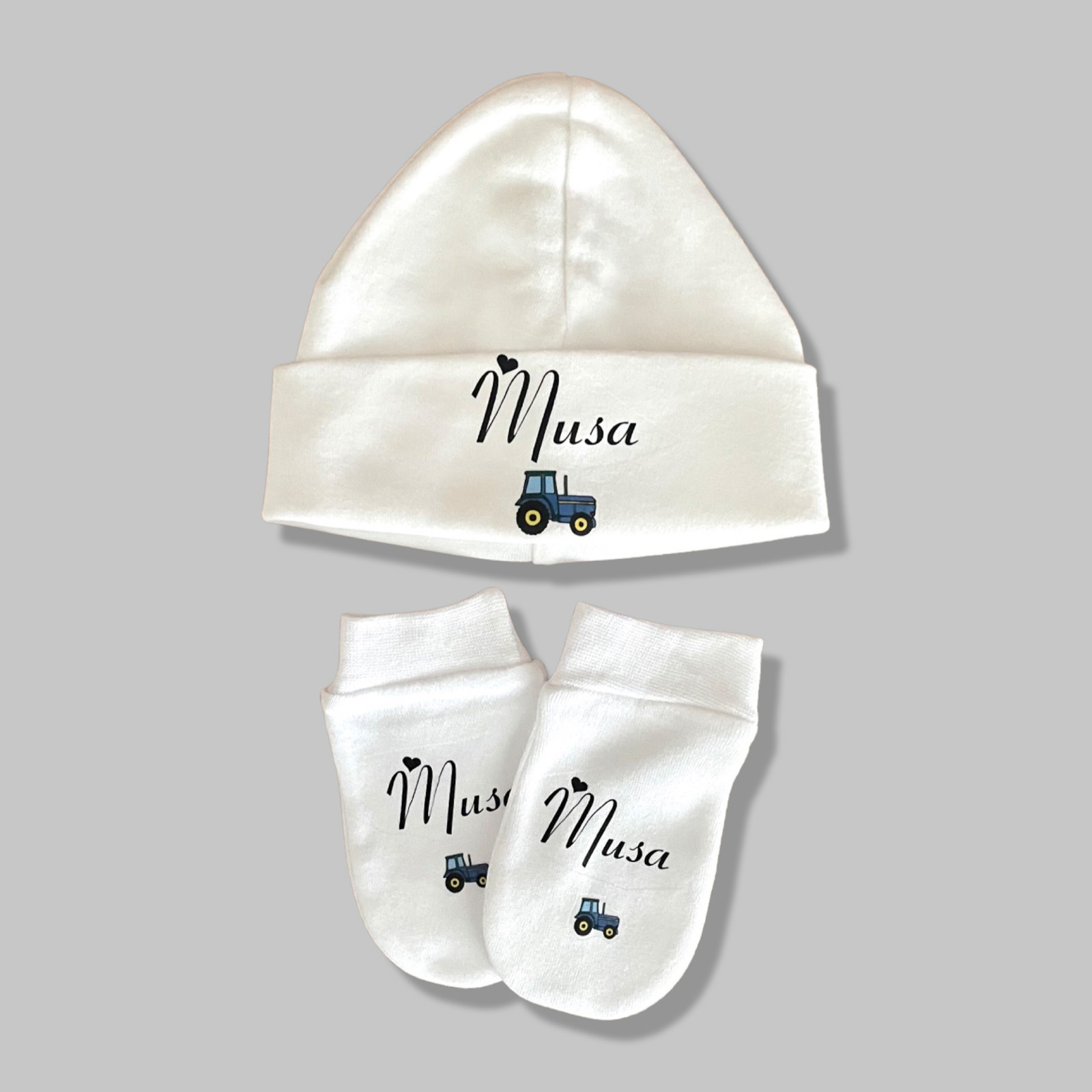 PERSONALISED tractor sleepsuit babygrow gift box baby boy hat bib & mittens set image 4