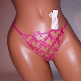 Victoria Secret Panty Thong V String Sheer Pink Hearts Embroidered Dream Angels