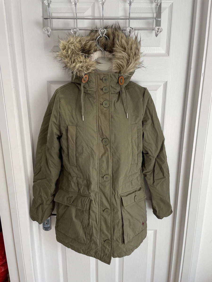 Jack Wills Women s Khaki Faux Fur Hood Parka Coat Jacket UK 10