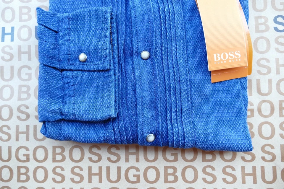 New Hugo BOSS mens blue knit cotton slim casual smart jeans suit shirt MEDIUM - Image 3 of 4
