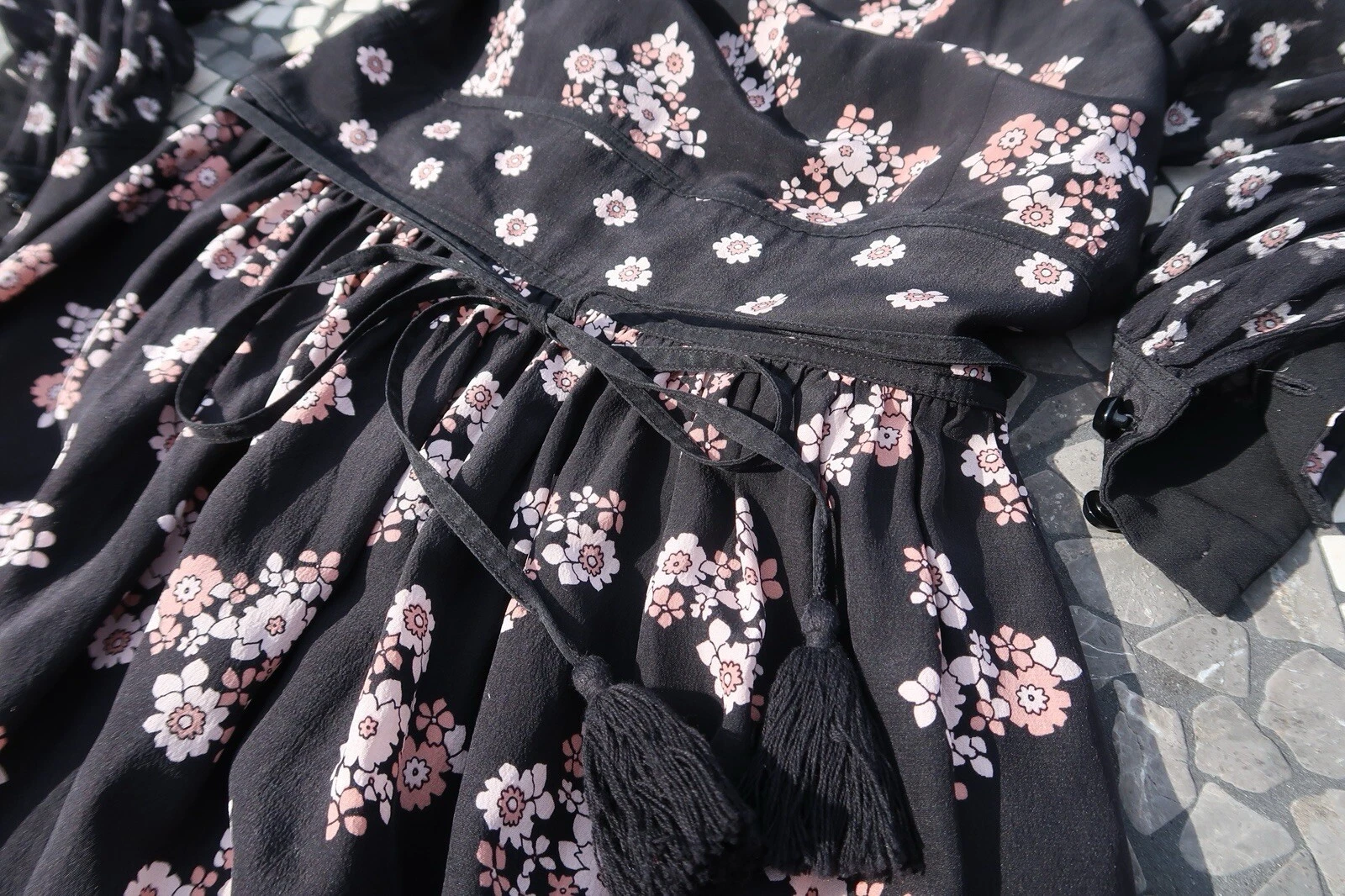 Abito Kate Spade 2 100% seta nero floreale manica trasparente