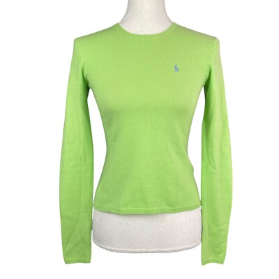 Ralph Lauren Cashmere Logo Sweater S Lime Green Pink Crew Neck Pullover Soft