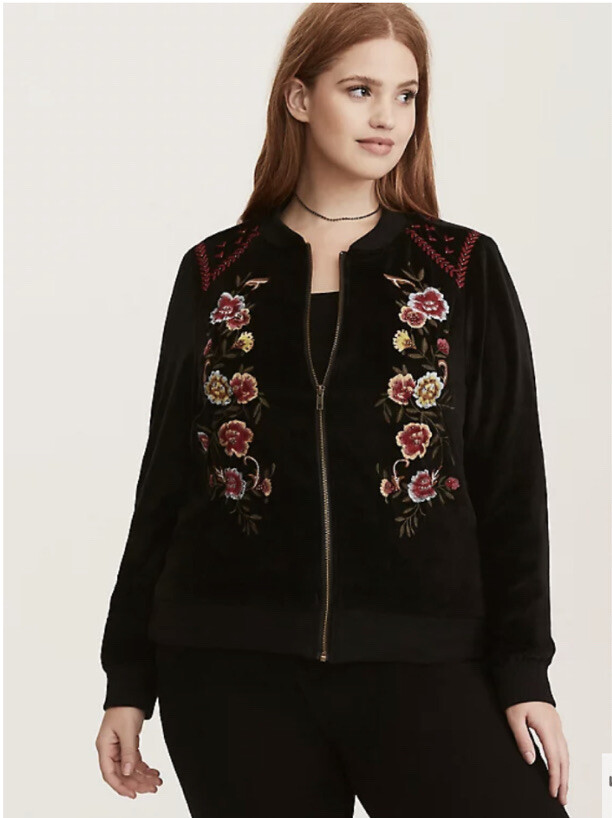 ジャケット・アウター TORRID velor flower embroidery jacket Torrid Floral Embroidered Embellished Velvet Bomber Jacket