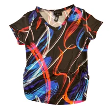 Jennifer Lauren Top Large Colorful Abstract Brushstroke Ruched Tee V Neck Shirt