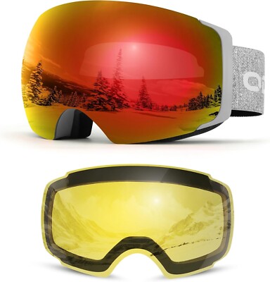 Odoland Magnetic Interchangeable Ski Goggles with 2 Lens Large Spherical Fram...