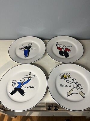 Rosanna 4 Salad Plates Waiters Wine Motif Votre Sante Salute! Cheers 8  kitchen
