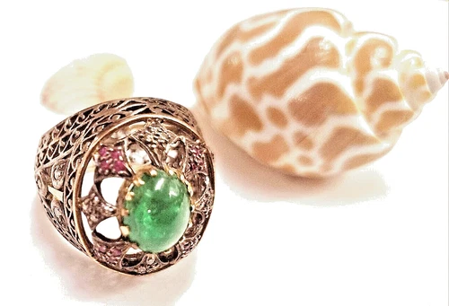 Antique Gold & Silver  Ring with genuine Ruby, Diamond and Emerald Stones